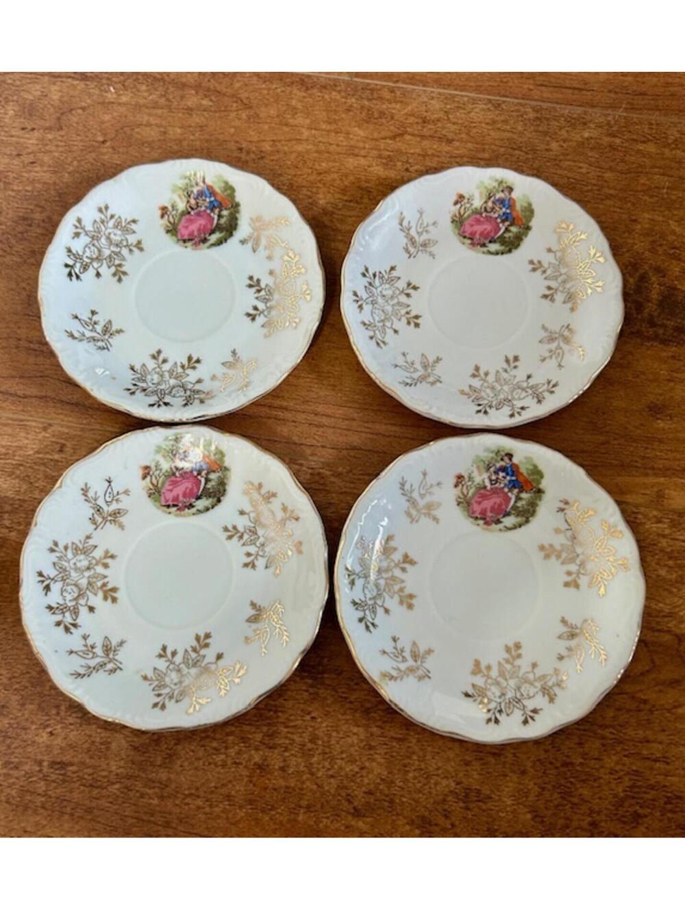 Set of 4 Vintage Porcelain Saucer Plates with Gold Detailing and Romantic Scene